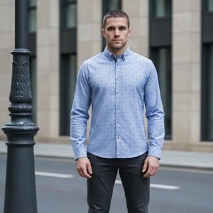 NWT Proper Shirtings Men's Blue Print Button Down Dress Shirt Contemporary Fit